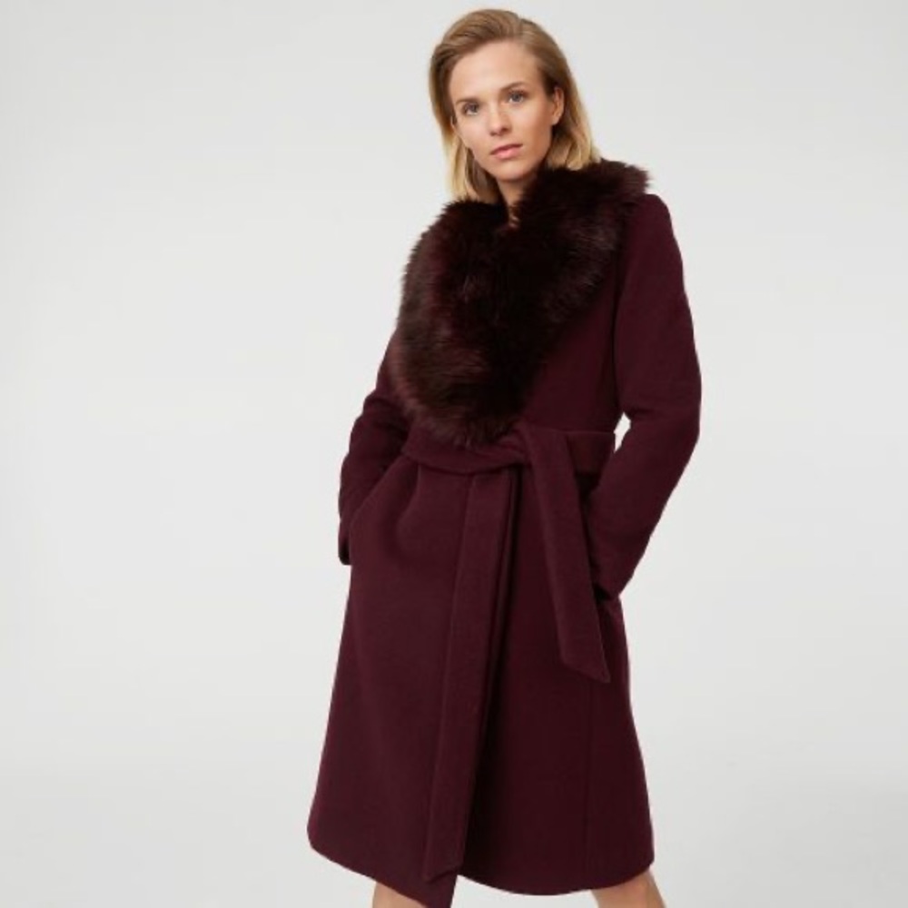 Club Monaco Burgundy Belted Wool Coat with faux fur collar XS BNWOT